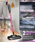 Heavy Duty Steam Mop Cleaner With Self Standing Base And Swivel Head High Temp Handheld Steamer For No Sweat Cleaning crumbles stubborn grime straight off hardwood laminate tile fast, shown in use on floors and in oven.