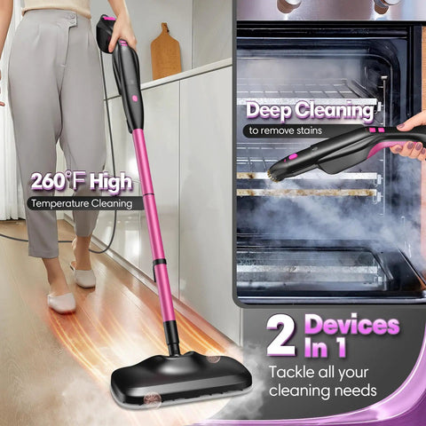 Heavy Duty Steam Mop Cleaner With Self Standing Base And Swivel Head High Temp Handheld Steamer For No Sweat Cleaning crumbles stubborn grime straight off hardwood laminate tile fast, shown in use on floors and in oven.