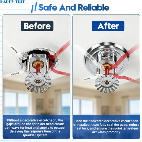 Slick Chrome Six Pack Fire Sprinkler Trim Rings For Ceilings Built Tough showing before and after installation for gap sealing.