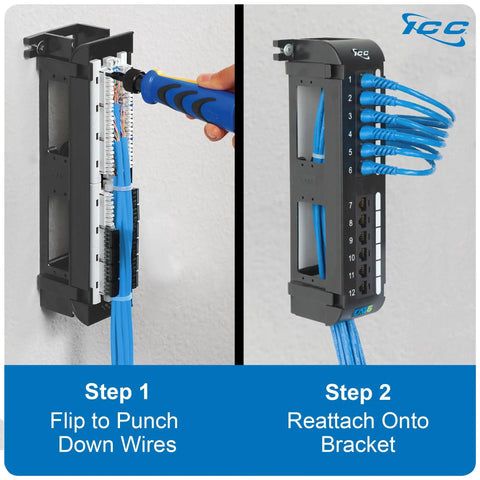 Cat6 Patch Panel Wall Mount 12-Port With Rear 110 IDC Terminal Blocks And 89D Bracket UL Listed PoE++ Rated Gigabit Network Panel Backward Compatible With Cat5e And Cat5 Black mounted with cables