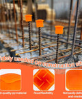 Orange Mushroom Rebar Caps Set For T Posts on construction site with rebar, PP material showcases flexibility and durability