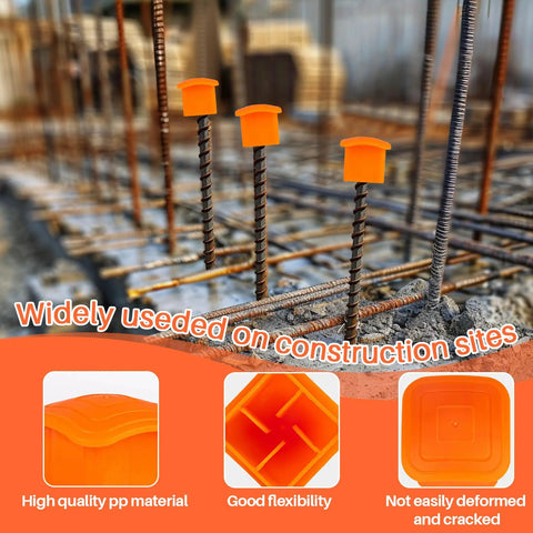 Orange Mushroom Rebar Caps Set For T Posts on construction site with rebar, PP material showcases flexibility and durability