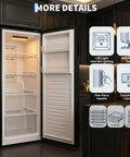 Interior view of No Sweat 11 Cu Ft Frost Free Upright Freezer With Convertible Fridge Mode And Adjustable Shelves featuring LED lighting and control.