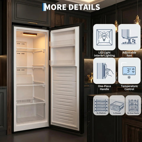 Interior view of 11 Cu Ft Upright Freezer and Stand Up Converter Fridge with shelves and compartments for organized storage.