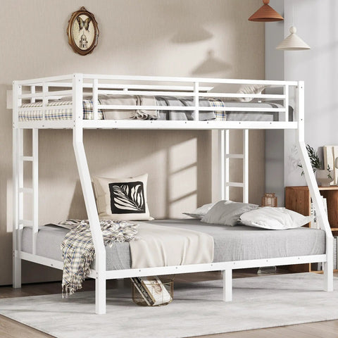 Heavy Duty Twin Over Full Metal Bunk Bed With Dual Ladders Rock Solid Steel Construction White Finish in cozy bedroom setting.
