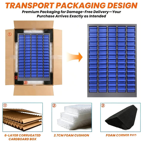 Beefy 75 Drawer Bolt And Nut Organizer With ABS Drawers And Alloy Steel Frame, Laser Welded Heavy Duty Cabinet For Tools And Fasteners, Durable Small Hardware Storage Case, 3.9 Inch Depth, 7.8 Inch Width. packaged in foam and corrugated box