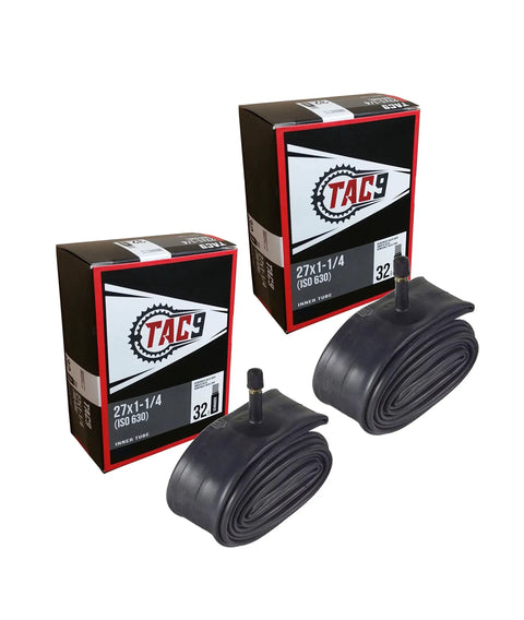 27x1-1/4 Bike Tire Tube And Rim Strip Set For 32-630 ISO 630 Wire Bead With Schrader Valve 90 Psi Max, two tubes and boxes displayed
