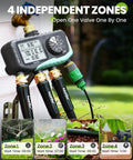 Four Zone Sprinkler Timer With Programmable Start Times, Durations And Frequencies For Each Zone, Rain Delay, Manual And Auto Watering, Soaker Hose Ready, Digital Irrigation System For Yard And Lawn, showing 4 independent zones display