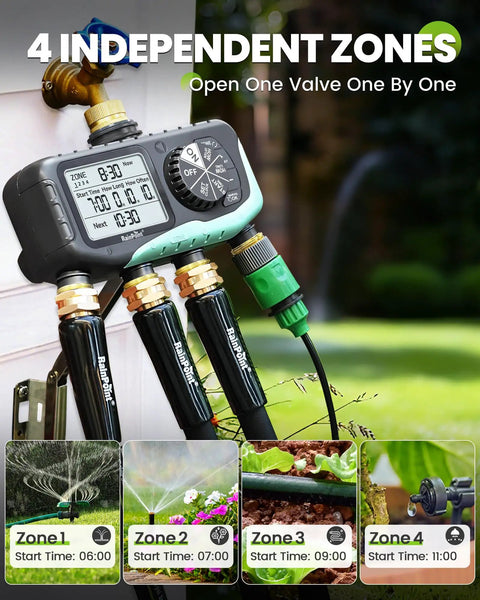 Four Zone Sprinkler Timer With Programmable Start Times, Durations And Frequencies For Each Zone, Rain Delay, Manual And Auto Watering, Soaker Hose Ready, Digital Irrigation System For Yard And Lawn, showing 4 independent zones display