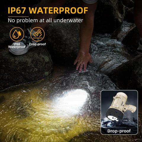 Rechargeable Spotlight And COB Flood Light Combo in water displaying IP67 waterproof capability