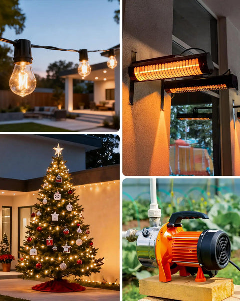 Tough As Nails Outdoor Light Timer 2 Pack Weather Resistant 13 Amp UL Listed lights on patio with Christmas tree, garden pump.