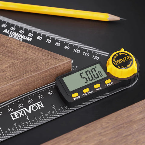 Kickass Aluminum Digital Angle Finder And Multipurpose Protractor Gauge With Rock Solid Build and measurements on a ruler.