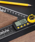 Built Tough Aluminum Digital Angle Finder And Precision Protractor Gauge displaying reading on a workspace with a yellow pencil.