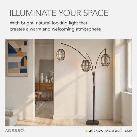 Maui Arc Floor Lamp With Three Movable Shades And Adjustable Height in living room corner, antique bronze finish
