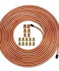 Upgraded 25 Feet 3 By 16 Inch Copper Coated Brake Line Tubing Kit With 16 Fittings coiled and displayed with fittings