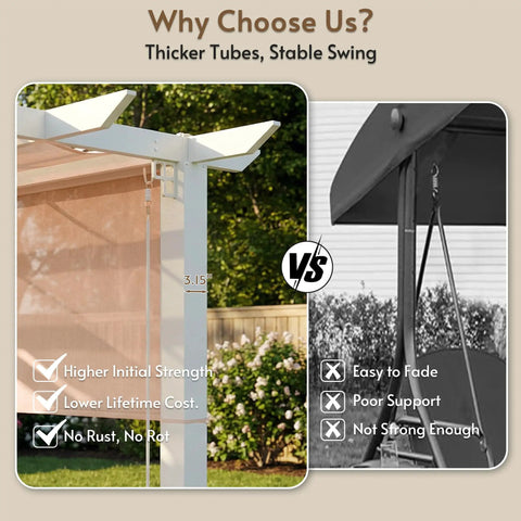 Comparison of thicker tubes in 3 Seat Outdoor Porch Swing With Stand And Canopy 2 In 1 Convertible Swing Bed For Adults