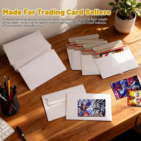 110 Pack White Trading Card Shipping Envelopes 7x4.35 Inch Self Adhesive Mailers on wooden desk with cards inside