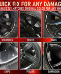 Premium Gloss Black Rim Touch Up Paint For Nixing Curb Rash And Heavy Scratches On Alloy Wheels with visible scratches and scuffs.