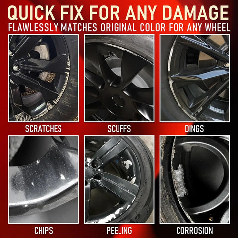 Premium Gloss Black Rim Touch Up Paint For Nixing Curb Rash And Heavy Scratches On Alloy Wheels with visible scratches and scuffs.