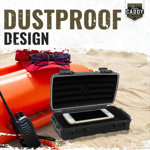 Rugged Waterproof Case With Airtight Gasket Seal And Foam Interior, product open on beach with phone and walkie-talkie inside