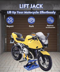 Yellow motorcycle on 1100 Lb Motorcycle Scissor Lift Jack With Anti Slip Center Stand And Crank Handle, blue steel lift.