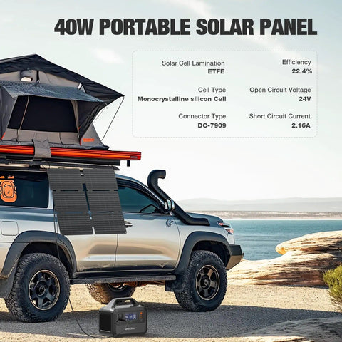 40W panel on SUV with tent, Solar Generator On The Go With 40W Panel Included 230Wh Portable Power Station For Fast Charge In About 1.5 Hours 600W Surge LiFePO4 Battery Backup For Outdoor Camping Trips And Power Outages