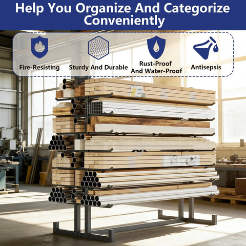 Rock Solid Double Sided Lumber And Pipe Storage Rack With Reinforced Cross Bracing Holding Two Thousand Pounds for organized wood and pipe storage.