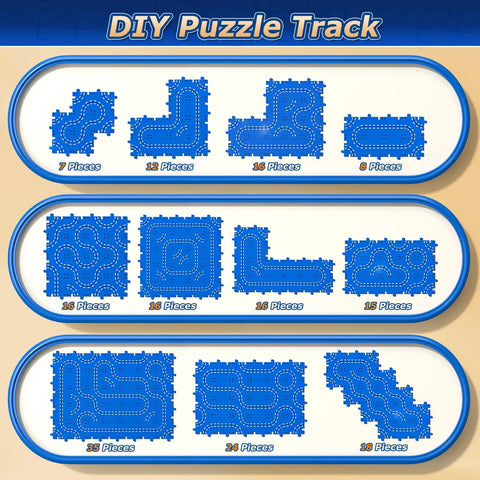 Fun-Filled 96 Piece Puzzle Track Car Set With 4 Tier Race Tracks For Tots And Kids blueprint showing various track designs