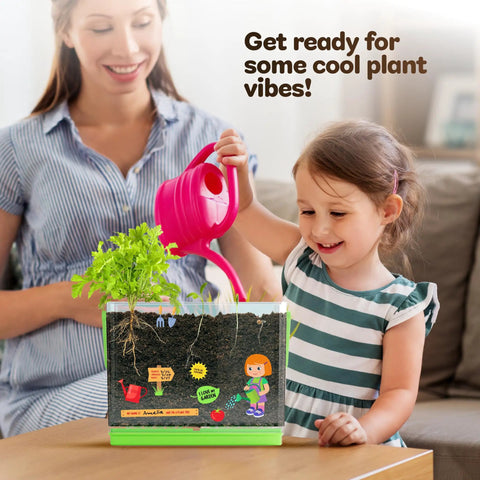 Child using Root Viewer Plant Growing Kit For Kids See Through Planter STEM Science Toy with mother observing.