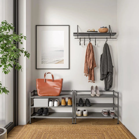 Heavy Duty Stackable Steel Shoe Rack Three Tier Multi Purpose Floor Organizer Clutter Fighting Design With Roomy Shelves For Sneakers And Coats Simple Setup In Ash Gray