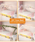 Twin Size Loft Bed With LED Lights And 8 PU Fabric Storage Drawers, House Shaped Metal Bed With Open Bookcase, Playful Curtain