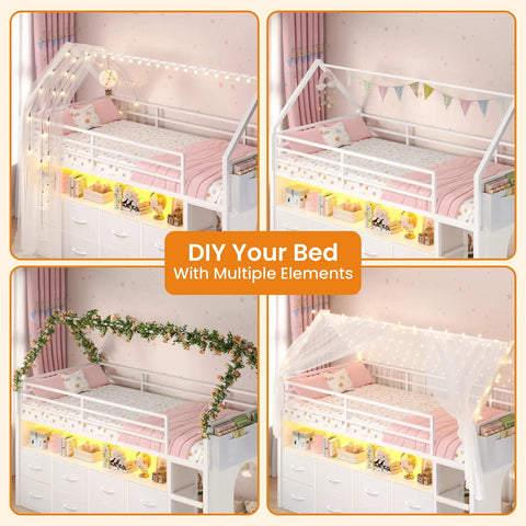 Twin Size Loft Bed With LED Lights And 8 PU Fabric Storage Drawers, House Shaped Metal Bed With Open Bookcase, Playful Curtain