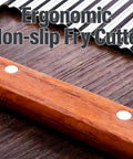 Side view of a French fry slicer with wooden handle and stainless steel crinkle blade