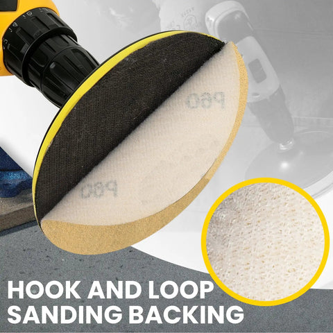 Heavy Duty 6 Inch Hook And Loop Sanding Discs Set Of 30 With Premium Aluminum Oxide Paper In 12 Grits showing hook and loop backing for attachments.