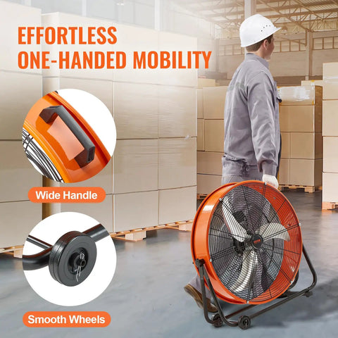 Worker moving Drum Fan 24 Inch High Velocity Floor Fan 8700 CFM Heavy Duty Industrial Ventilation with 3 speed settings in warehouse