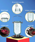 Vintage Aqua Mason Jar Hummingbird Feeder With Five Feeding Stations, 25 ounce glass, metal hanger, flower ports, perch, easy fill