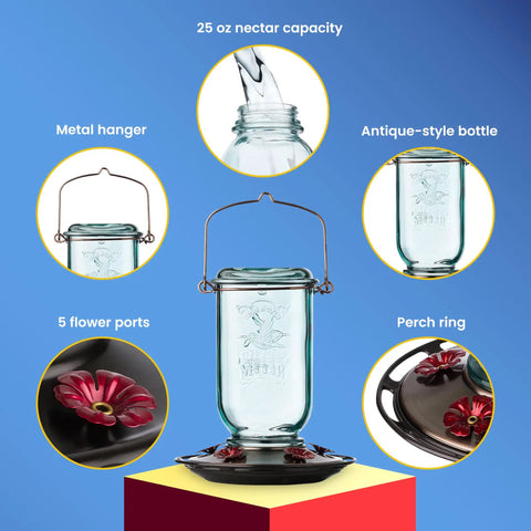 Vintage Aqua Mason Jar Hummingbird Feeder With Five Feeding Stations, 25 ounce glass, metal hanger, flower ports, perch, easy fill