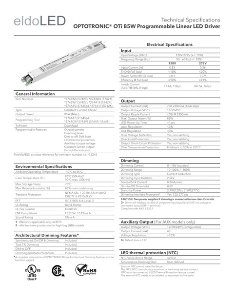 Programmable Linear LED Driver Pro Grade With Precise On Off Timing And 1 Percent Dimming For Architectural Lighting, 85W OTi Style Replacement For Osram 57420, 120 277V AC Compatible DIM 1 L. datasheet showing driver and specs
