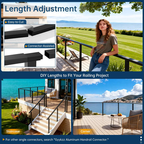 Premium 3MM Thick 8 Foot Black Aluminum Rectangular Handrail For Decks And Stairs Includes Two Cable Railing Brackets For Quick Screw Mounting indoors with corner and staircase options.