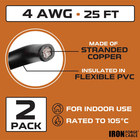Image showing 4 AWG 25 ft stranded copper wire with PVC insulation, labeled for indoor use and 105°C rating, 2-pack from Iron Forge Cable.