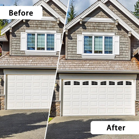 Before and after of Magnetic Faux Arched Window Panes For Steel Garage Doors, Eight Panel Two Car Garage Decor Kit installation