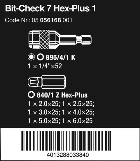 Diagram of Sheet Metal Bit Set With Rapidaptor Bit Holder And Six Hex Plus Bits 52mm showing sizes and barcode.