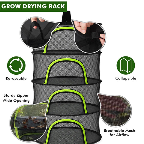 Four Layer 18 Inch Hanging Mesh Herb Drying Rack with breathable mesh and zipper, includes hook and carabiner clip.