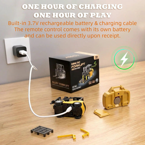Mini 1:64 Scale Remote Control Liftable Forklift Toy With All Metal Die Cast Body shown with charging cable and packaging.