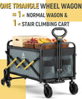 Folding Utility Cart With Triangular Wheels 2 In 1 Collapsible Stair Climbing Wagon with groceries in basket.