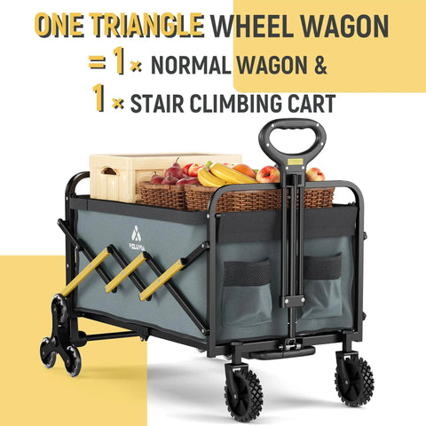 Folding Utility Cart With Triangular Wheels 2 In 1 Collapsible Stair Climbing Wagon with groceries in basket.