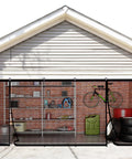 Magnetic Garage Door Screen 16x7 Ft for Two Cars, heavy duty fiberglass mesh, installed with visible storage and bike inside garage.