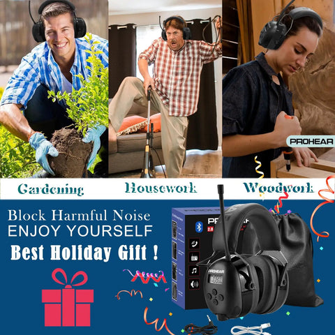 AM FM Bluetooth Five Point Four Radio Headphones with USB C Rechargeable 2000mAh Battery shown for gardening, housework, and woodworking