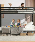 Heavy Duty Queen Over Queen Bunk Bed Frame Rock Solid Steel Sleep Stack For Adults And Teens Built Tough Loft setup with kids playing.