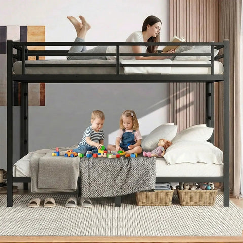Heavy Duty Queen Over Queen Bunk Bed Frame Rock Solid Steel Sleep Stack For Adults And Teens Built Tough Loft setup with kids playing.